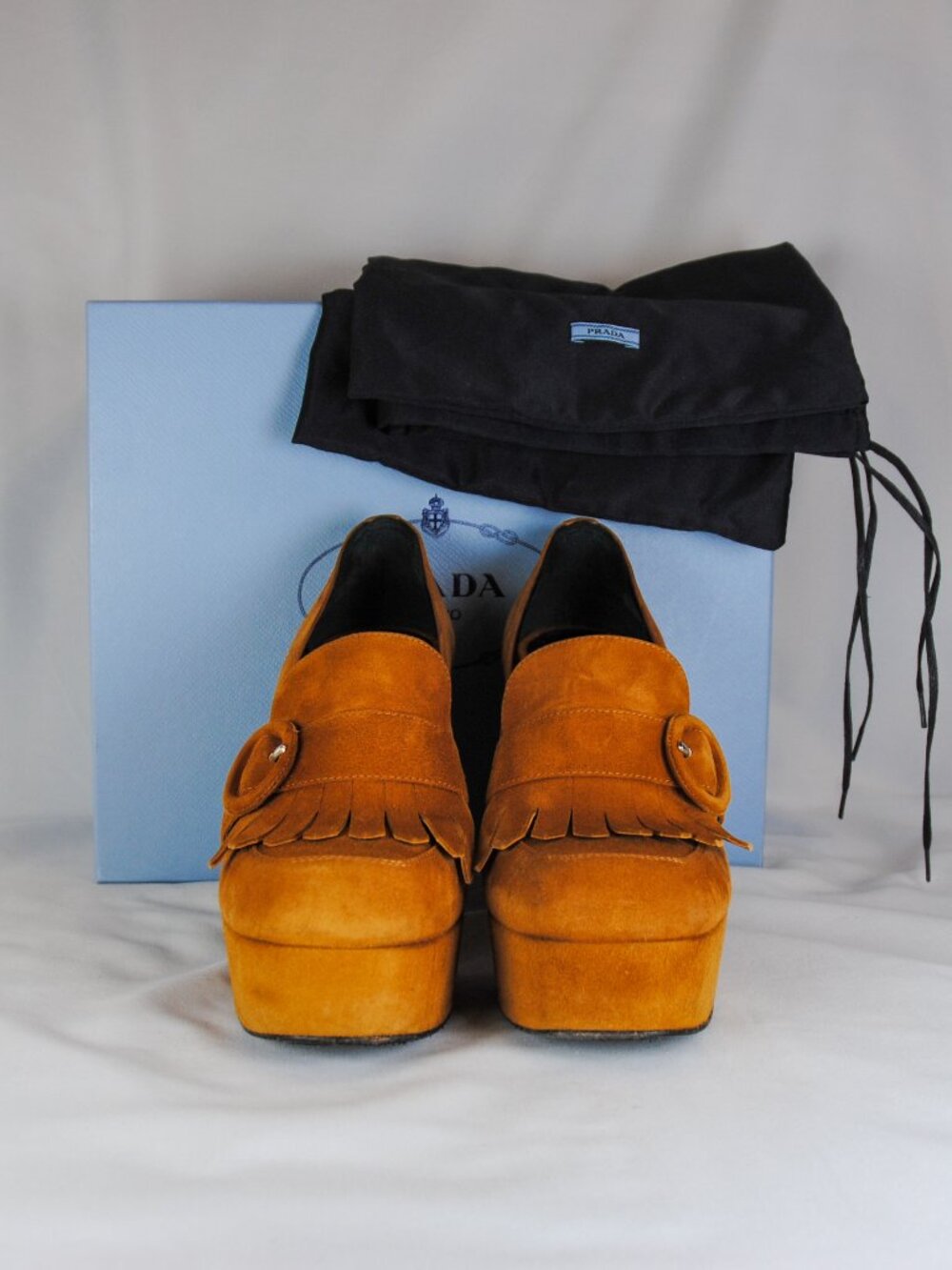 Prada Caramel Suede Fringe Platform Loafers  Size 37.5